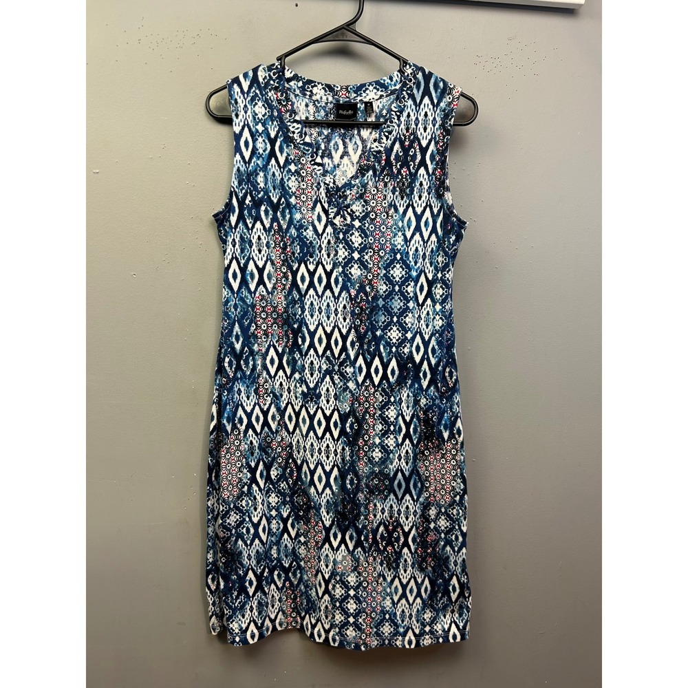 Rafaella Dress Women Medium Blue White Ikat Geometric Lace Up Cotton‎ Shift
